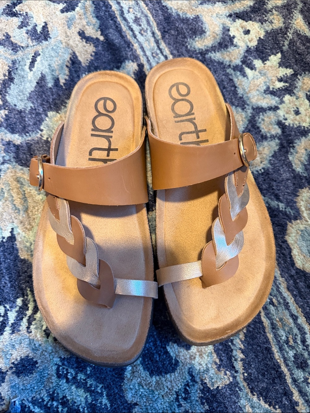 Earth Cognac Leather Slide Sandals with Buckle Accent